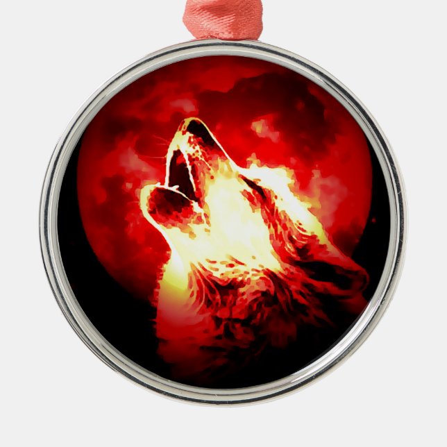 Wolf, Moon & Red Sky Metal Ornament (Front)