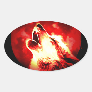 Wolf, Moon & Red Sky Oval Sticker