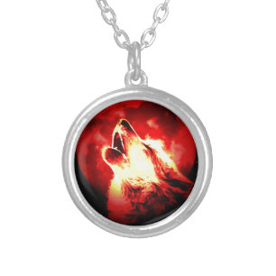 Wolf, Moon & Red Sky Silver Plated Necklace