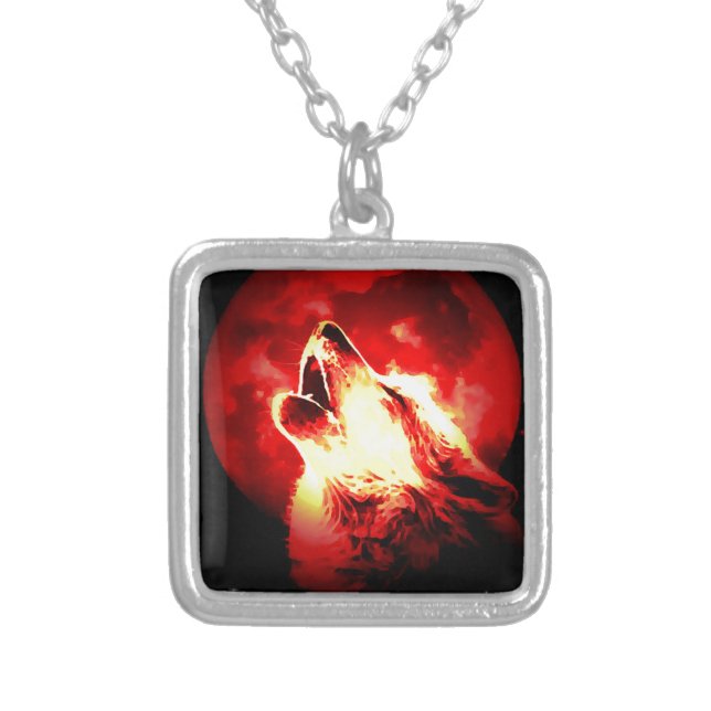 Wolf, Moon & Red Sky Silver Plated Necklace (Front)