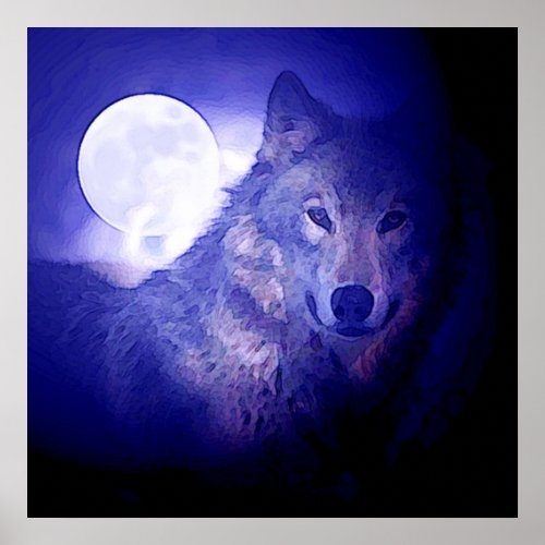 Wolf  Moon Square Poster Print Blue Night Wolves