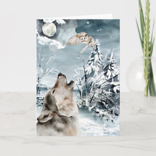 Wolf Moon Winter landscape Watercolor Holiday  Card