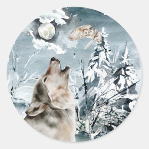 Wolf Moon Winter landscape Watercolor Owl  Classic Round Sticker