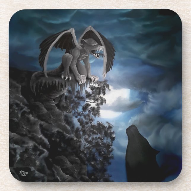 Wolf Moon - Wolf with Golem Beverage Coaster (Front)