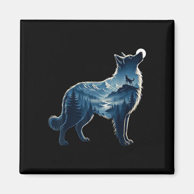 Wolf moonlit mountain forest exposure art  magnet (Front)