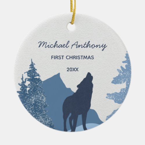 Wolf Mountain Forest Babys First Christmas Photo Ceramic Ornament