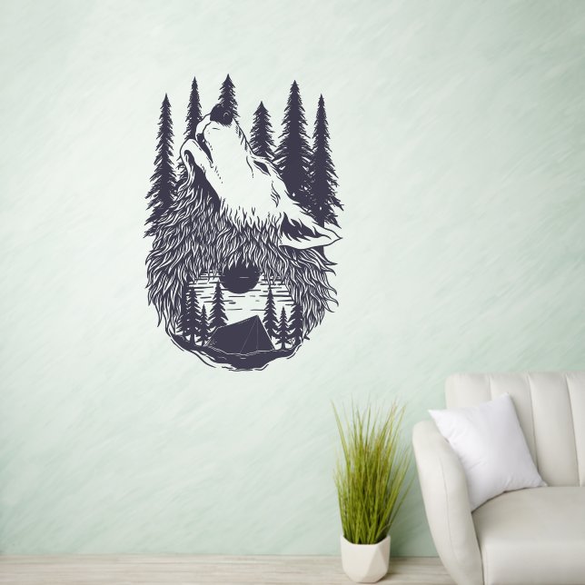 Wolf Mountain Forest Sunset Tent Camping Wall Decal (Living Room)