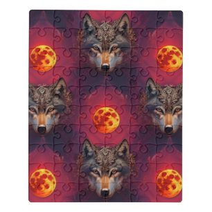 Wolf of the Blood Moon AI Fantasy Pop Art - Tiled Jigsaw Puzzle