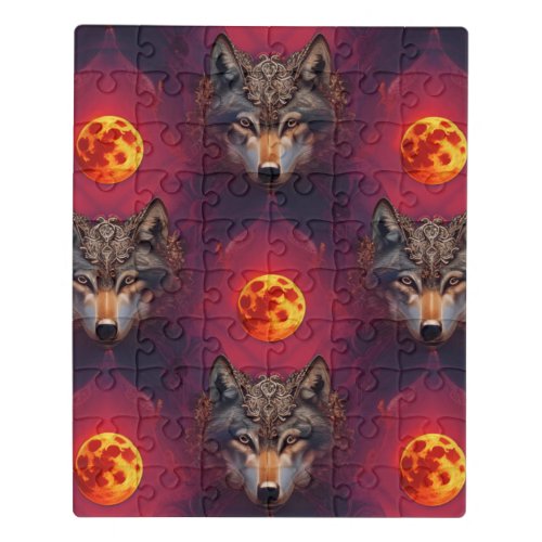 Wolf of the Blood Moon AI Fantasy Pop Art _ Tiled Jigsaw Puzzle