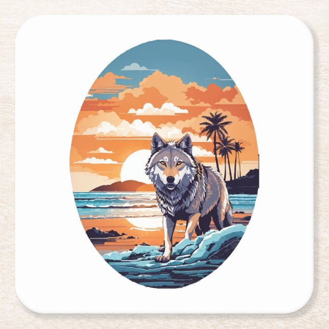 Wolf on the Beach Square Paper Coaster (Front)