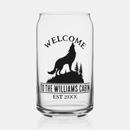 Wolf Outdoors Camp Personalized Family Cabin Name Can Glass