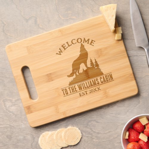 Wolf Outdoors Camp Personalized Family Cabin Name Cutting Board