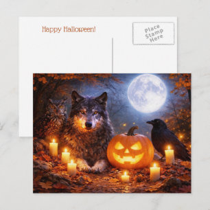 Wolf Owl Raven Happy Halloween Holiday Postcard