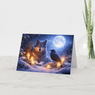 Wolf Owl Raven Winter Solstice Yule with Snow Moon Card