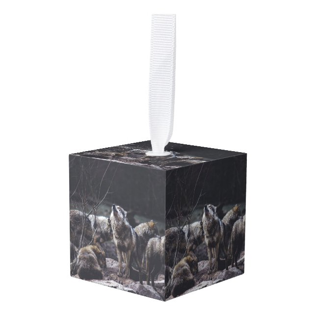 Wolf Pack Cube Ornament (Front Angled)