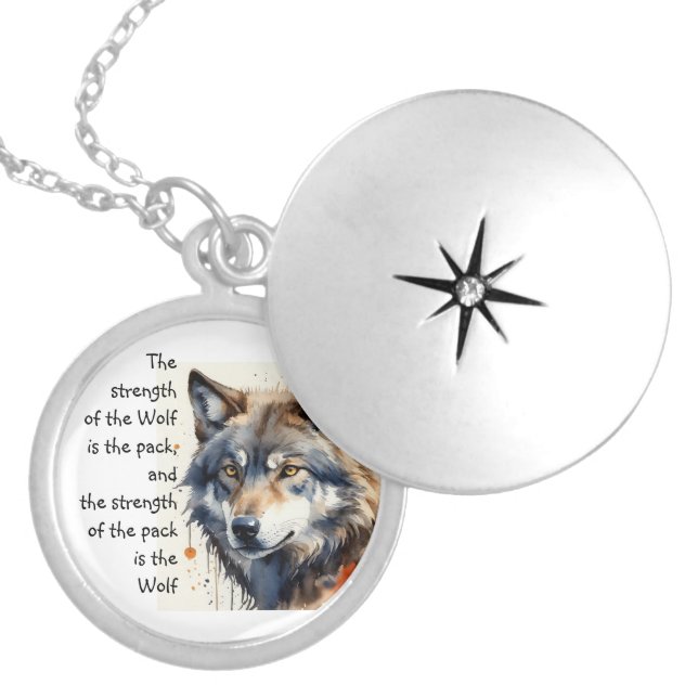 Wolf Pack Family Strength Quote, Animal Locket Necklace (Front)