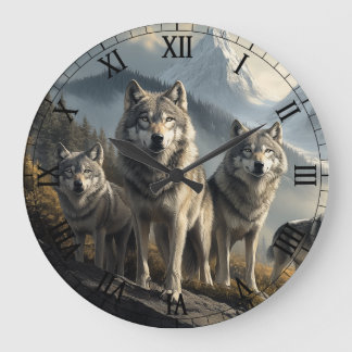 Wolf Pack in Mountain Landscape Large Clock
