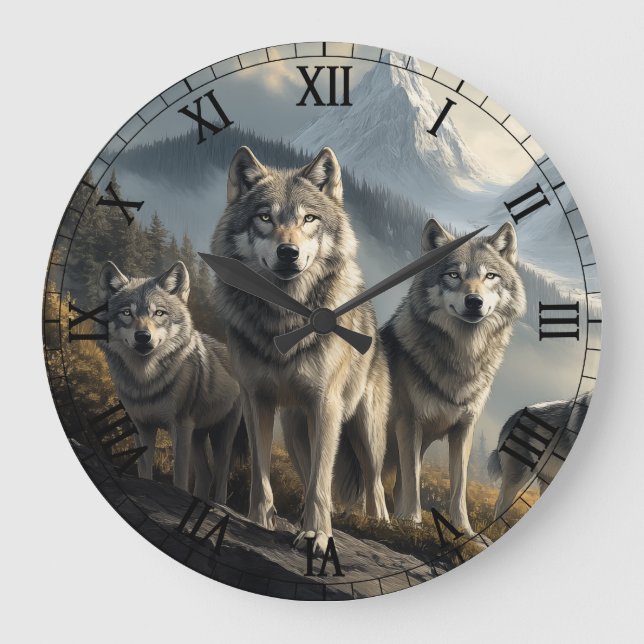 Wolf Pack in Mountain Landscape Large Clock (Front)