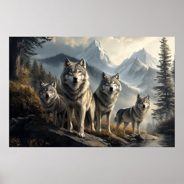 Wolf Pack in Mountain Landscape Poster (Front)