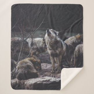 WOLF PACK ON ROCK FORMATION SHERPA BLANKET