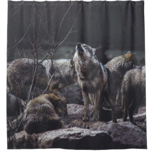 WOLF PACK ON ROCK FORMATION SHOWER CURTAIN