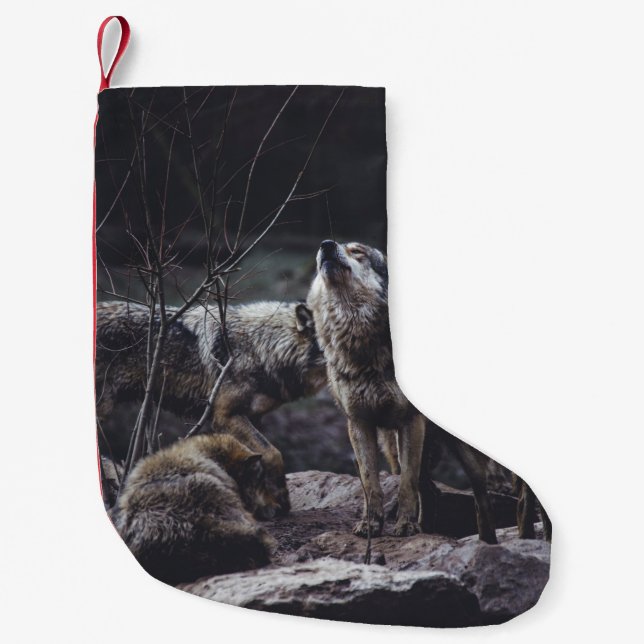 WOLF PACK ON ROCK FORMATION SMALL CHRISTMAS STOCKING (Front)