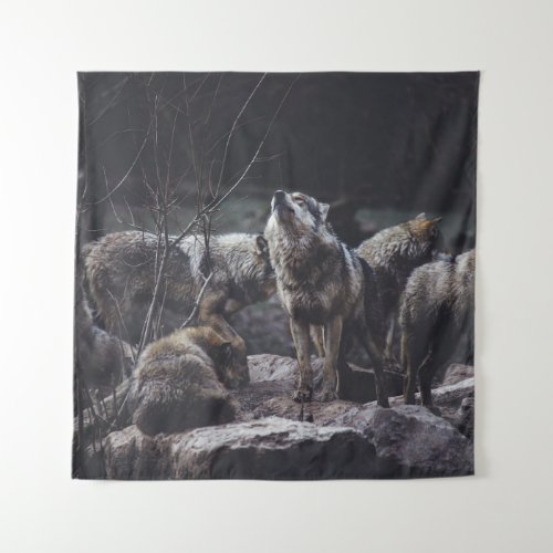 WOLF PACK ON ROCK FORMATION TAPESTRY