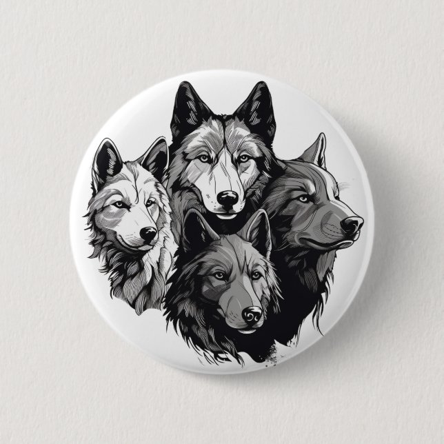Wolf Pack Tribal Graphic Black and White Wolves  Button (Front)
