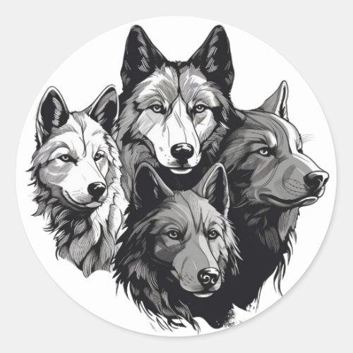 Wolf Pack Tribal Graphic Black and White Wolves  Classic Round Sticker