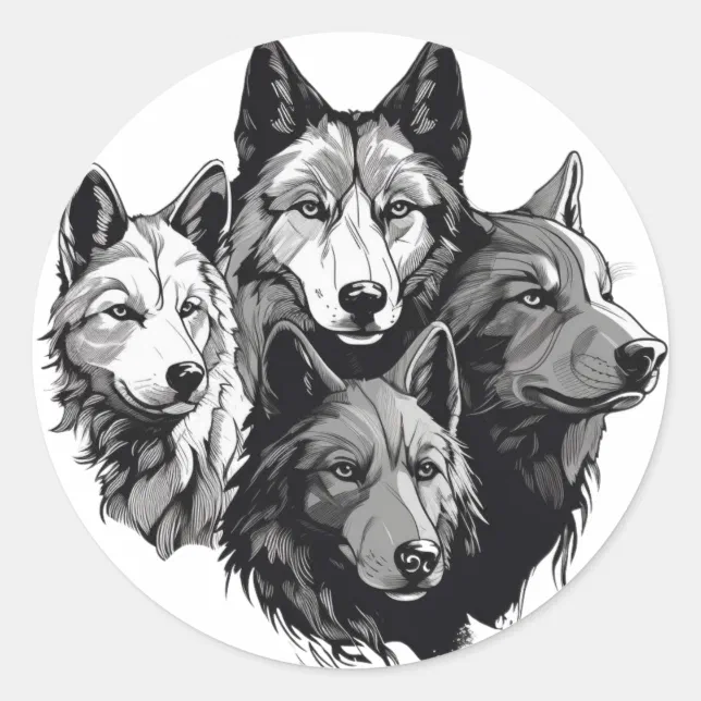 Wolf Pack Tribal Graphic Black and White Wolves Classic Round Sticker Zazzle