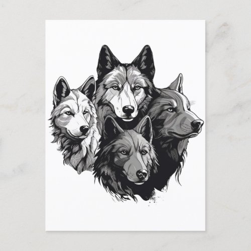 Wolf Pack Tribal Graphic Black and White Wolves  Postcard
