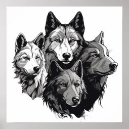 Wolf Pack Tribal Graphic Black and White Wolves Poster | Zazzle