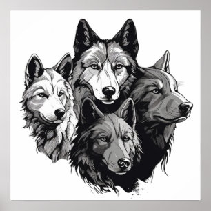 Wolf Pack Tribal Graphic Black and White Wolves  Poster