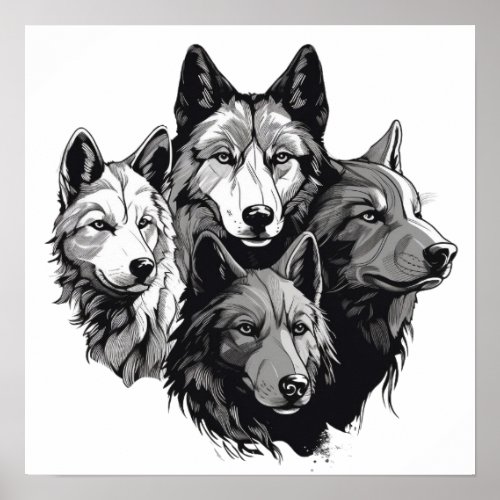 Wolf Pack Tribal Graphic Black and White Wolves  Poster