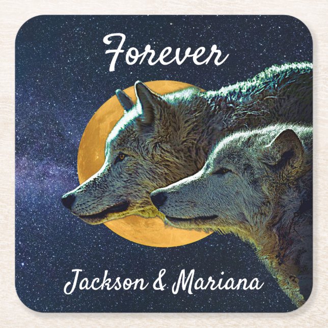 Wolf Pair and Full Moon Square Paper Coaster (Front)
