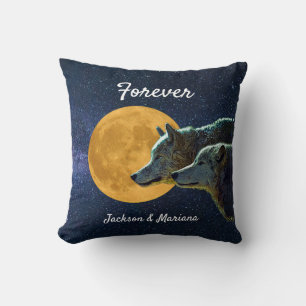 Wolf Pair and Full Moon Throw Pillow