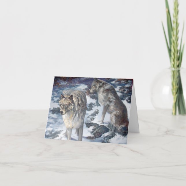 Wolf Pair Winter Scene with Landscape Folded Note Card (Front)