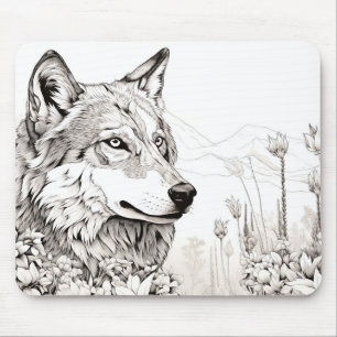Wolf Peaceful Nature Prairie Sketch Drawing Style Mouse Pad