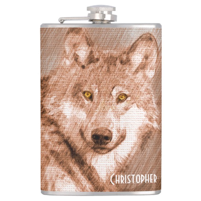 Wolf Pencil Sketch Image Personalize Flask (Front)