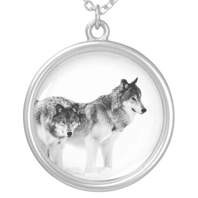 Wolf photo pendant. Black and white wolves. Silver Plated Necklace (Front)
