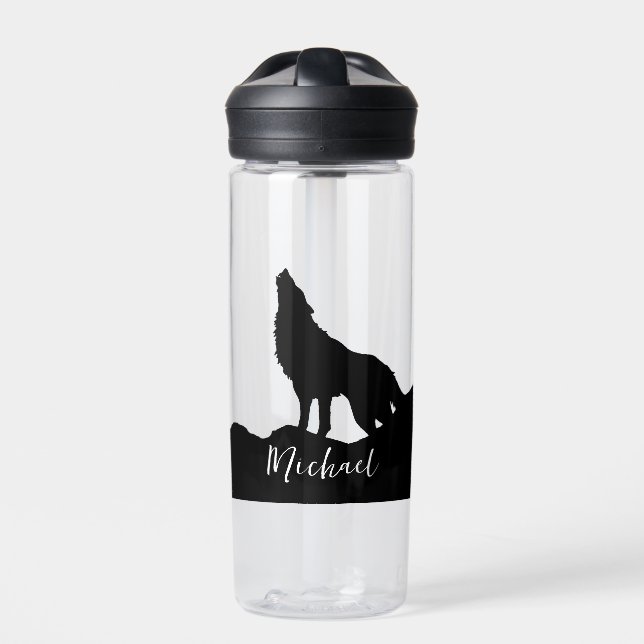 Wolf Pop Art Your Name Custom Black White Water Bottle (Front)