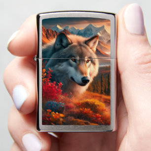 Wolf Portrait AI Sunset Zippo Lighter