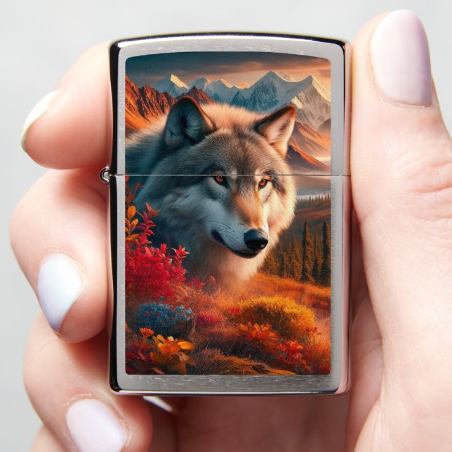 Wolf Portrait AI Sunset Zippo Lighter (In Hand)