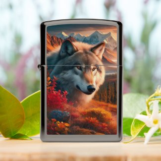 Wolf Portrait AI Sunset Zippo Lighter