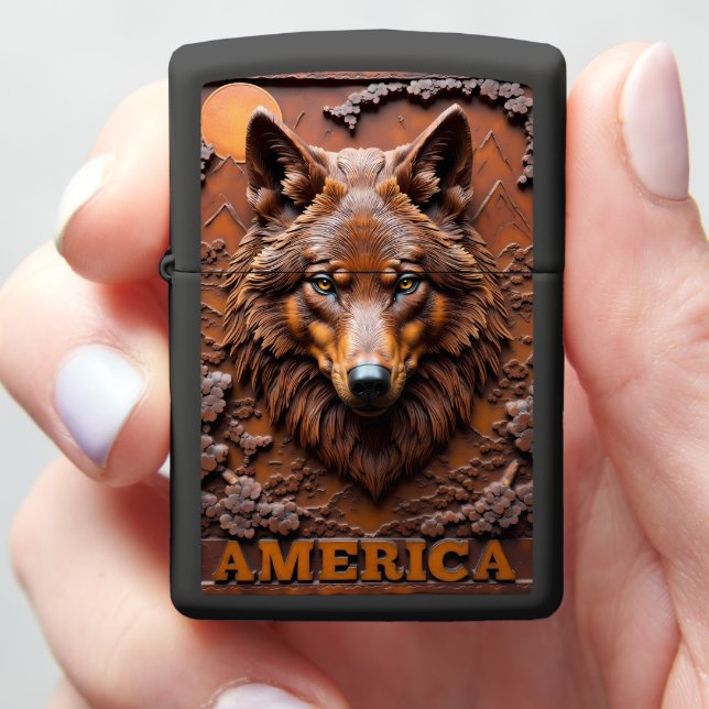 Wolf Portrait America Moon Mountains Zippo Lighter (In Hand)