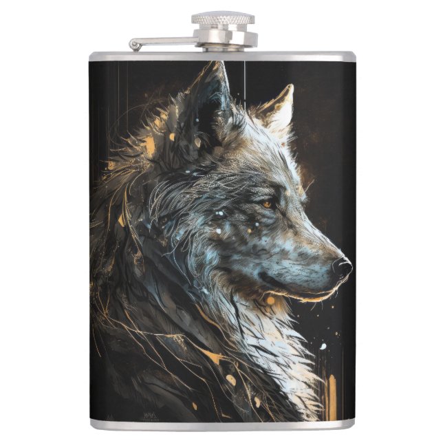 Wolf Portrait Animal Nature Wildlife Dark Painting Flask (Front)