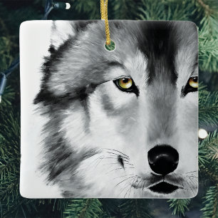 Wolf Portrait Black White Ceramic Ornament