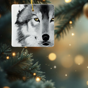 Wolf Portrait Black White Ceramic Ornament