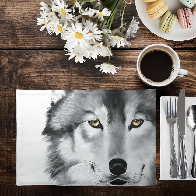 Wolf Portrait Black White Cloth Placemat (Creator Uploaded)