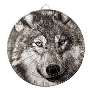 Wolf portrait dartboard with darts